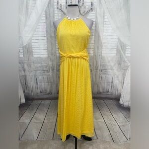 DKNY Yellow Dress Floral Halter Twist Waist Wedding Midi A-Line Party Sleeveless